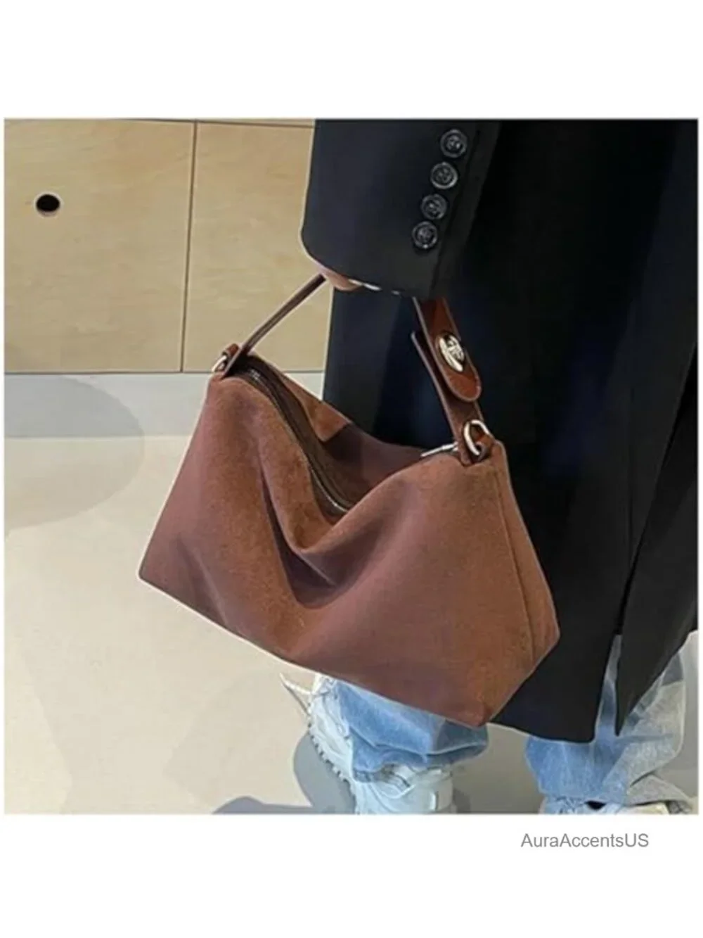 Women's Faux Suede Hobo Bag With Adjustable Strap